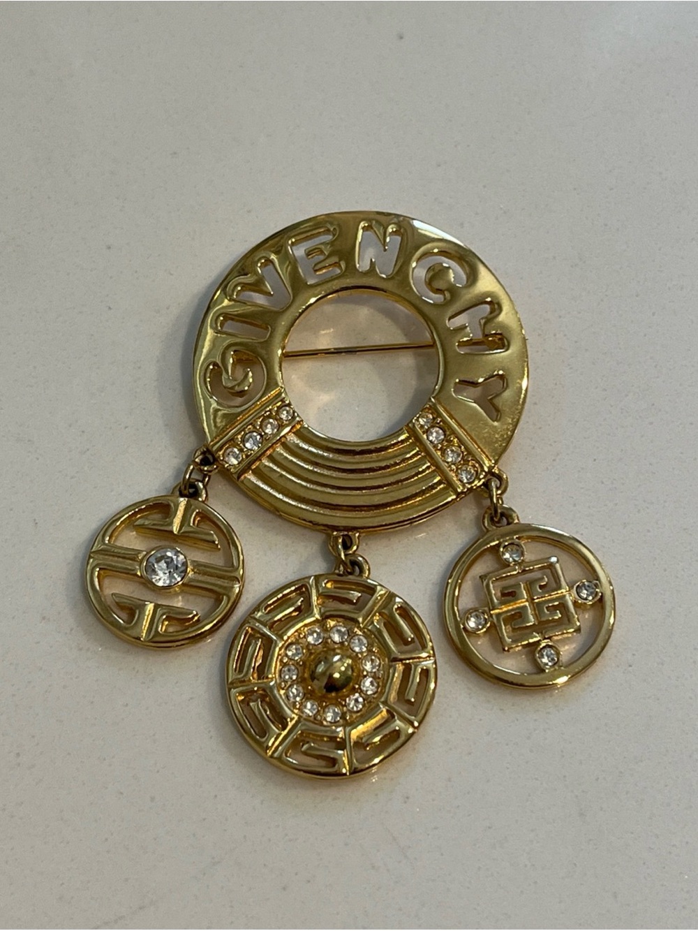 Givenchy Vintage Logo Charm Brooch Gold Tone Pin Dangle Crystal Statement 1980s